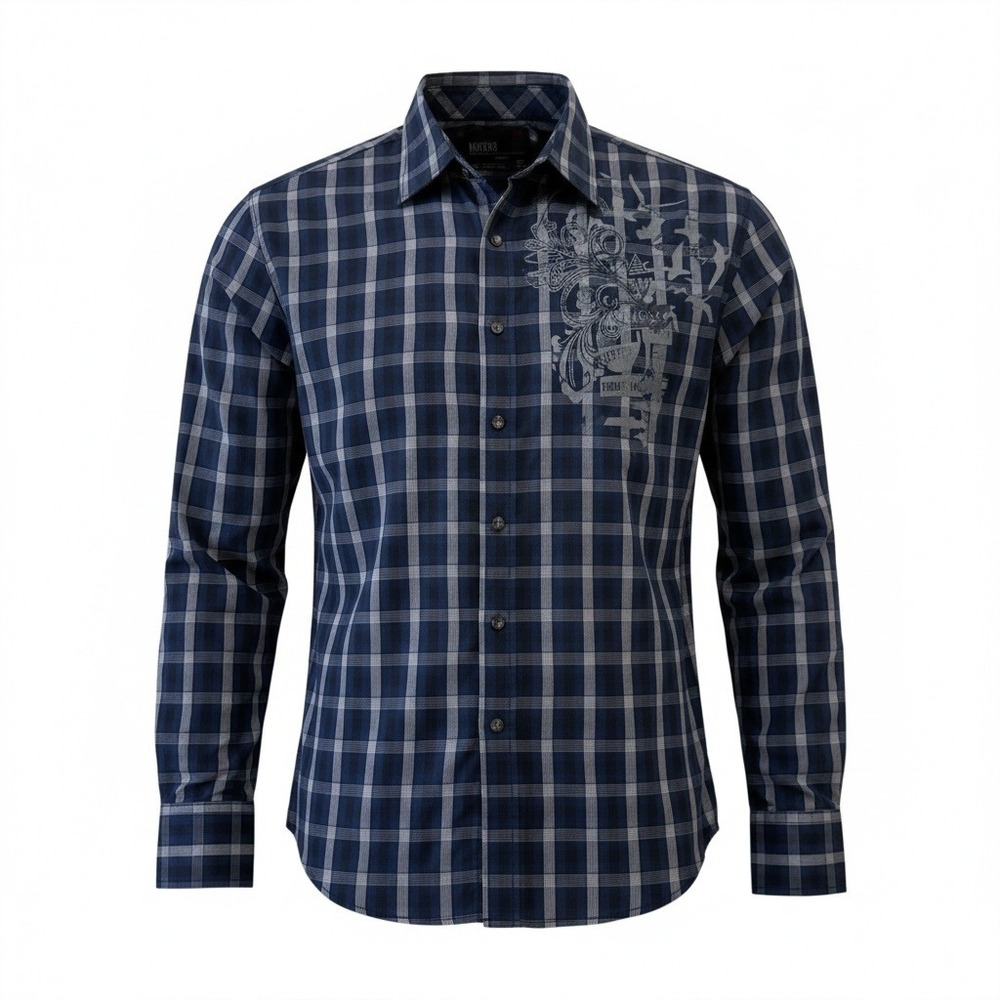 Micros Mens Long Sleeve Plaid Button Down Shirt Navy Blue Grey Graphic Print‎ L